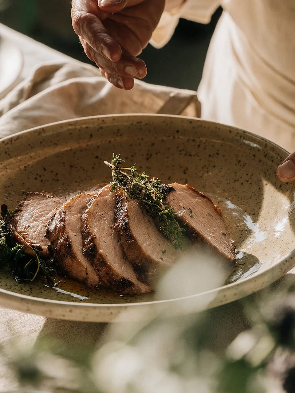 Aufgeschnittener Braten mit Rosmarin auf einer Servierplatte