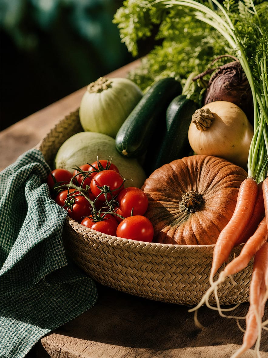 Korb mit regionalem Gemüse: Tomaten, Möhren, Kürbis und Zucchini